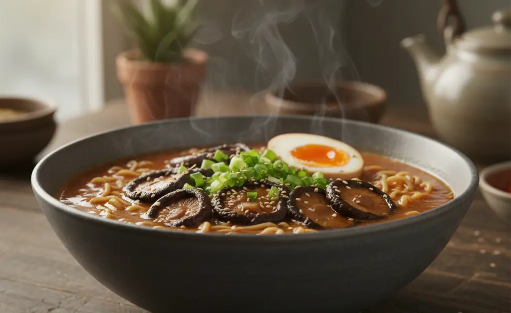 A steaming bowl of shiitake mushroom ramen is presented in a rustic ceramic dish, showcasing rich broth and vibrant toppings.