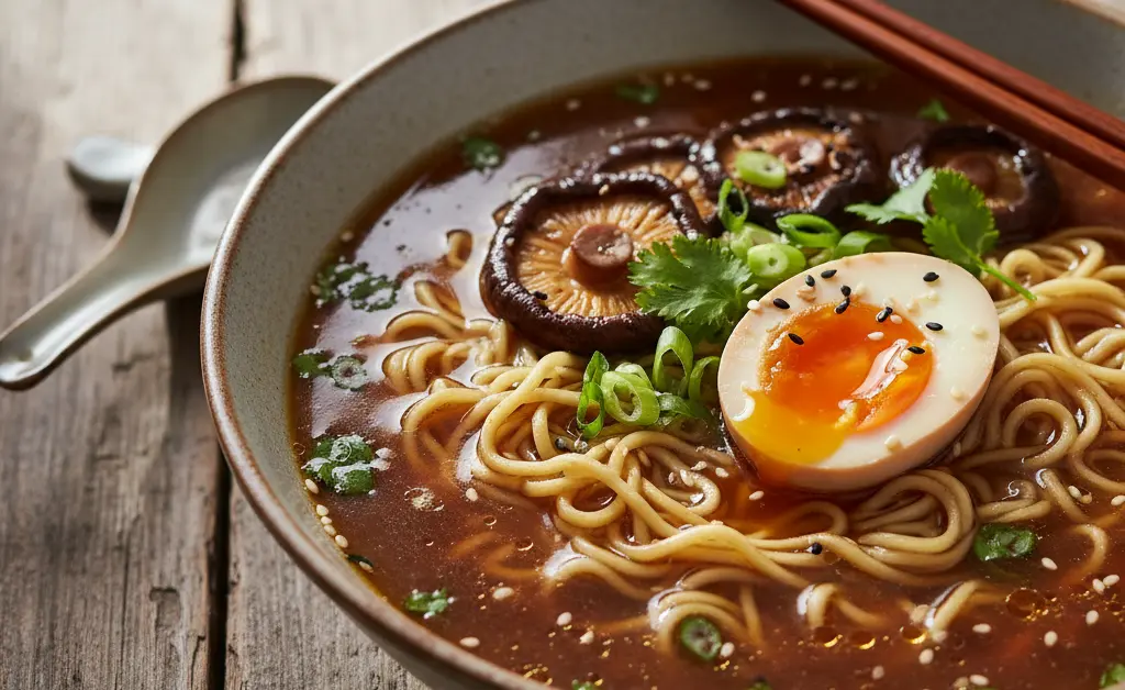 A steaming bowl of shiitake mushroom ramen, showcasing tender noodles and savory broth, is perfectly presented.
