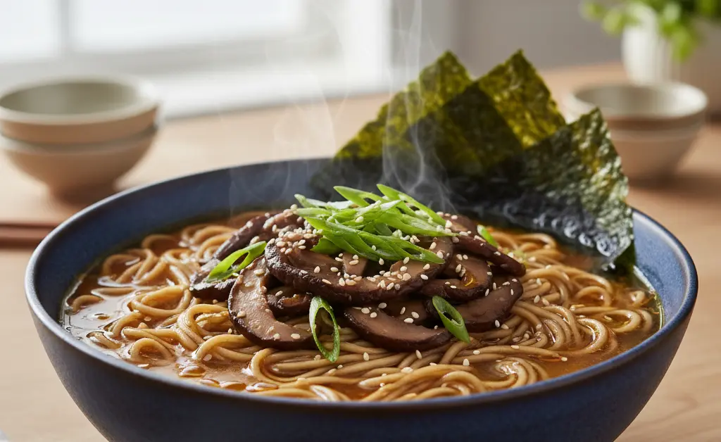 A steaming bowl of delicious shiitake mushroom ramen presented beautifully.