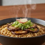 A steaming bowl of shiitake mushroom ramen, beautifully garnished and ready to be enjoyed.