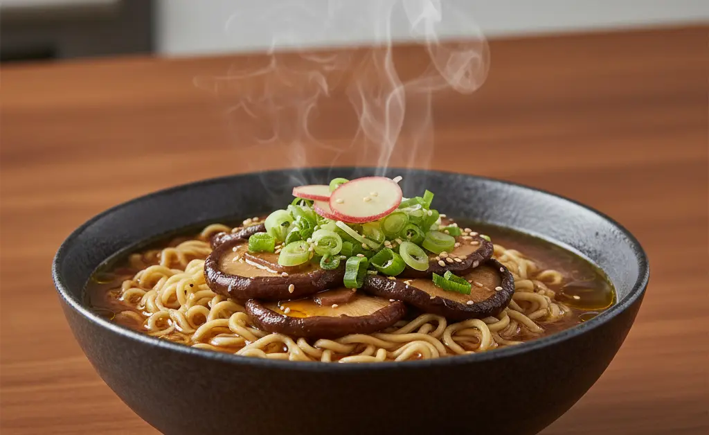 A steaming bowl of shiitake mushroom ramen, beautifully garnished and ready to be enjoyed.