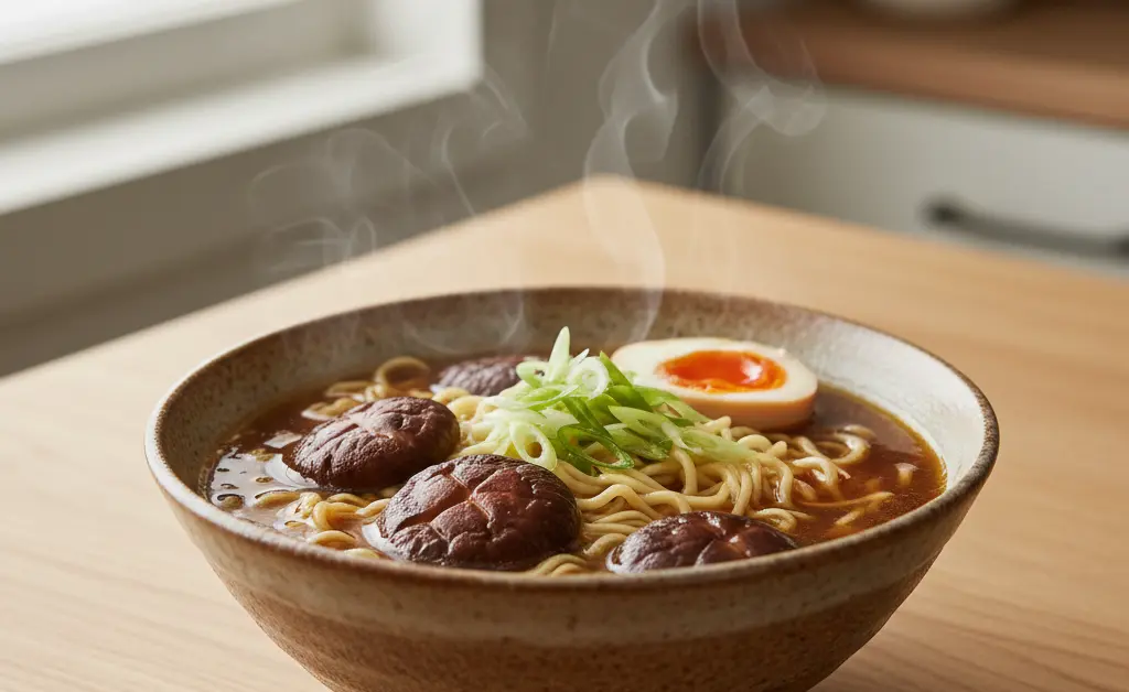 A visually appealing bowl of shiitake mushroom ramen, showcasing tender noodles and fresh garnishes in a savory broth.