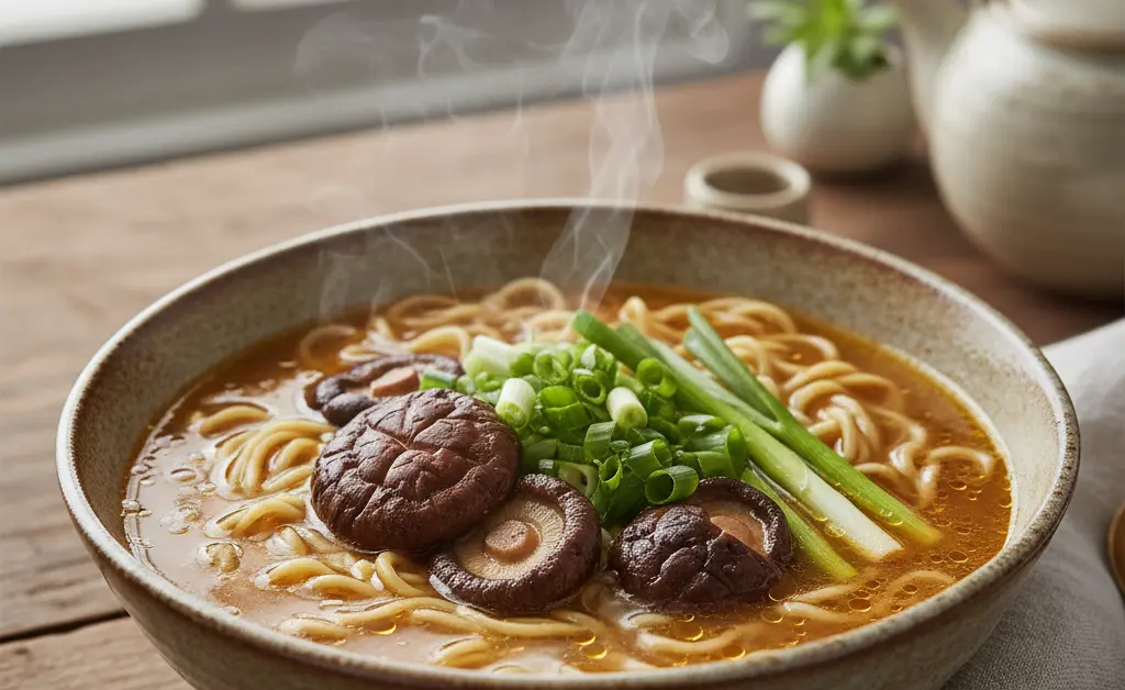 A close-up, beautifully plated bowl of delicious shiitake mushroom ramen, showcasing vibrant ingredients and rich broth.