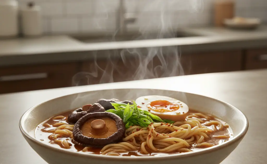 A beautifully prepared bowl of shiitake mushroom ramen sits on a wooden table, showcasing the vibrant ingredients and rich broth.