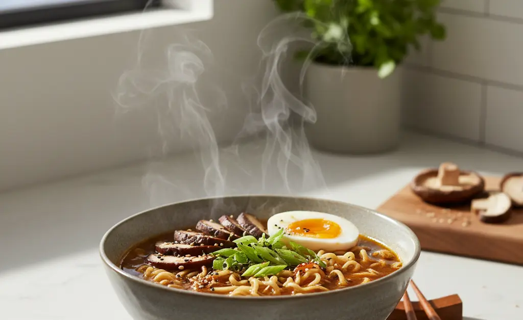 A steaming, artfully arranged bowl of shiitake mushroom ramen.
