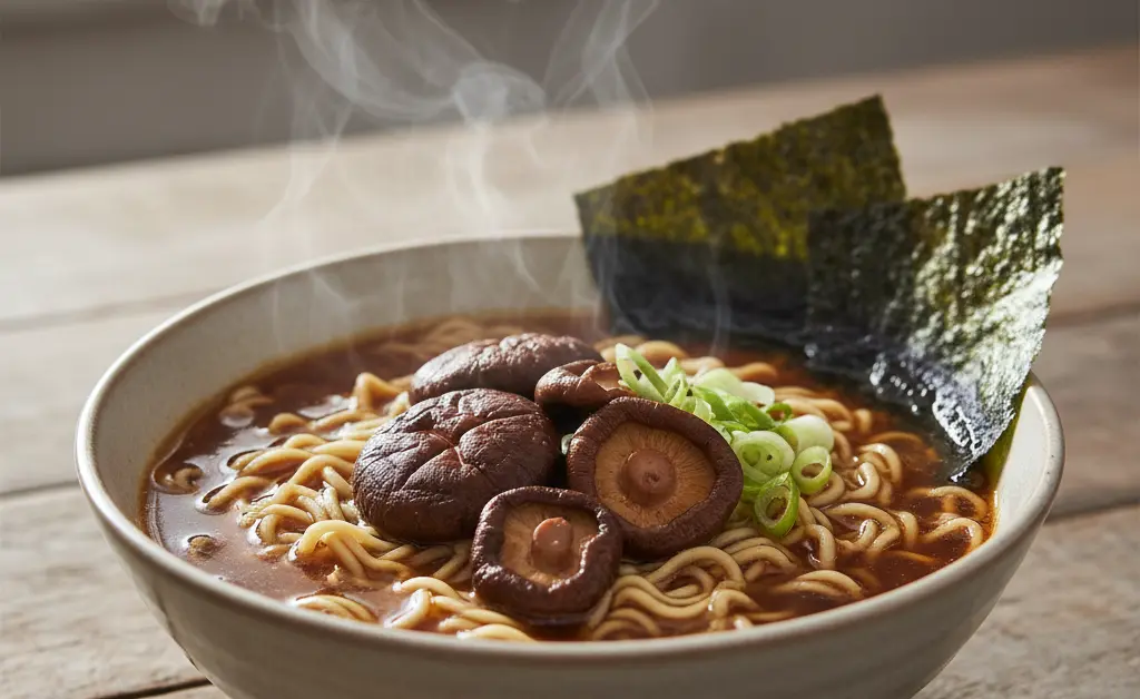 A close-up, overhead view of a steaming bowl of shiitake mushroom ramen, showcasing tender noodles and savory broth.