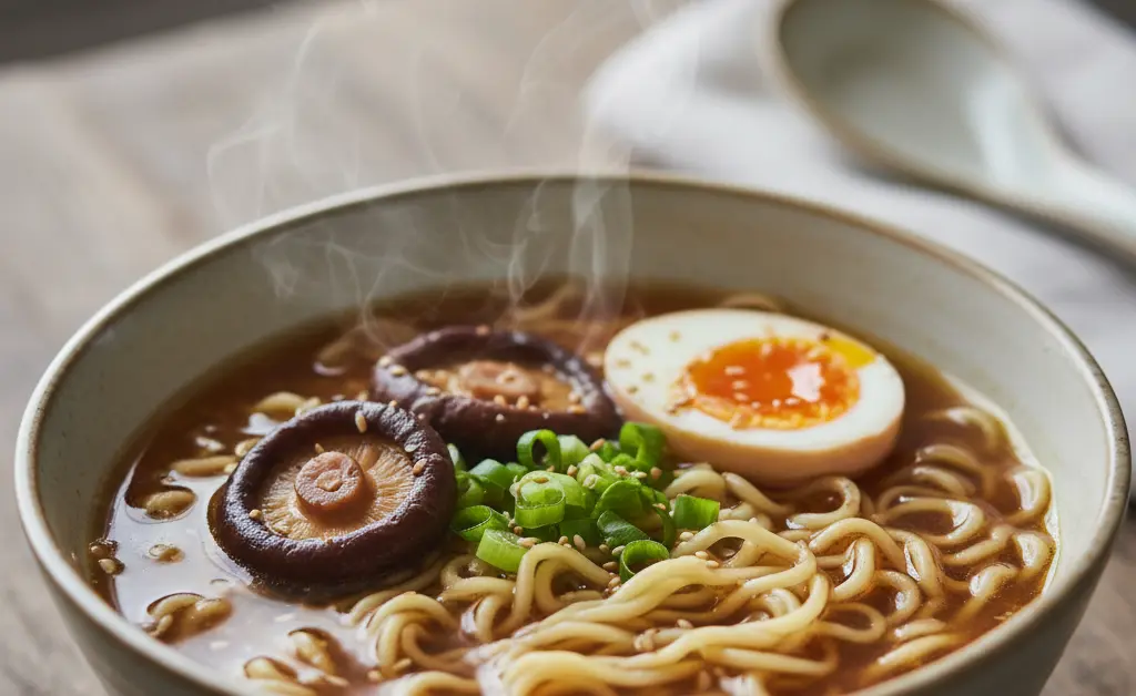 A beautifully presented bowl of shiitake mushroom ramen, showcasing rich broth and perfectly cooked noodles.