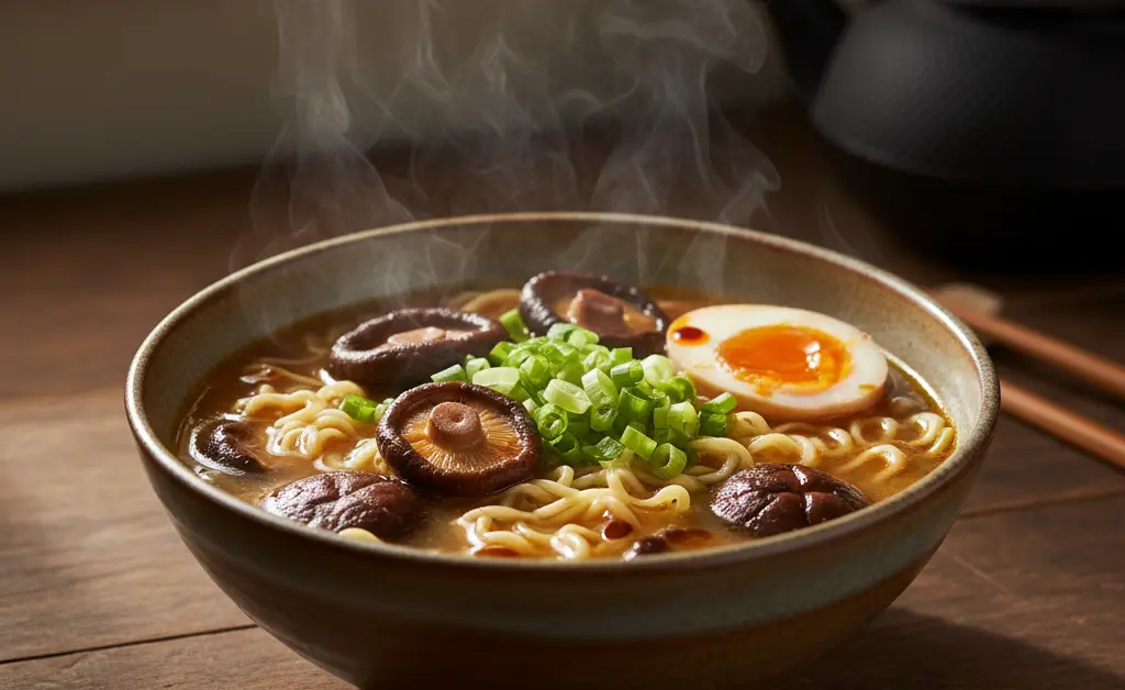 A steaming bowl of shiitake mushroom ramen is presented on a wooden table.