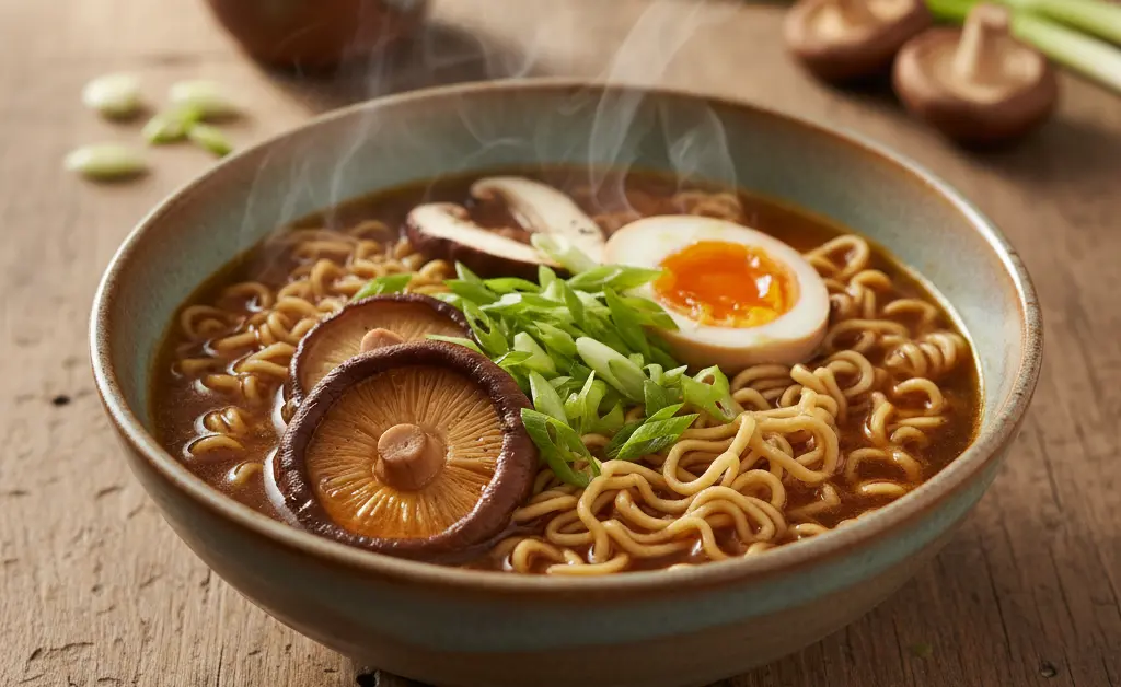 A steaming bowl of authentic shiitake mushroom ramen is presented beautifully.