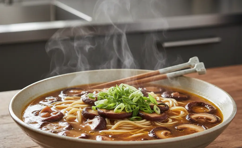A delicious bowl of shiitake mushroom ramen, artfully presented with fresh ingredients.