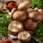 A close-up, overhead shot of a rustic wooden cutting board featuring fresh shiitake mushrooms and various ingredients ready for shiitake mushroom recipes, bathed in soft, natural light.