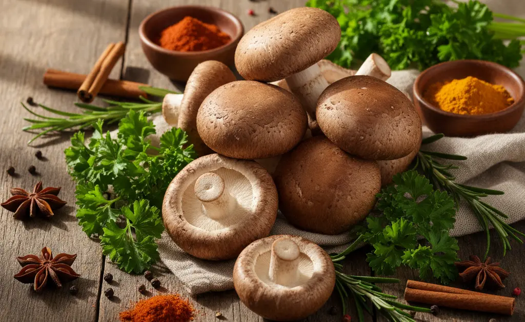 A close-up, overhead shot of a rustic wooden cutting board featuring fresh shiitake mushrooms and various ingredients ready for shiitake mushroom recipes, bathed in soft, natural light.