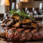A beautifully plated grilled steak with a generous topping of sautéed shiitake mushrooms, showcasing perfect shiitake mushroom recipes for steak.
