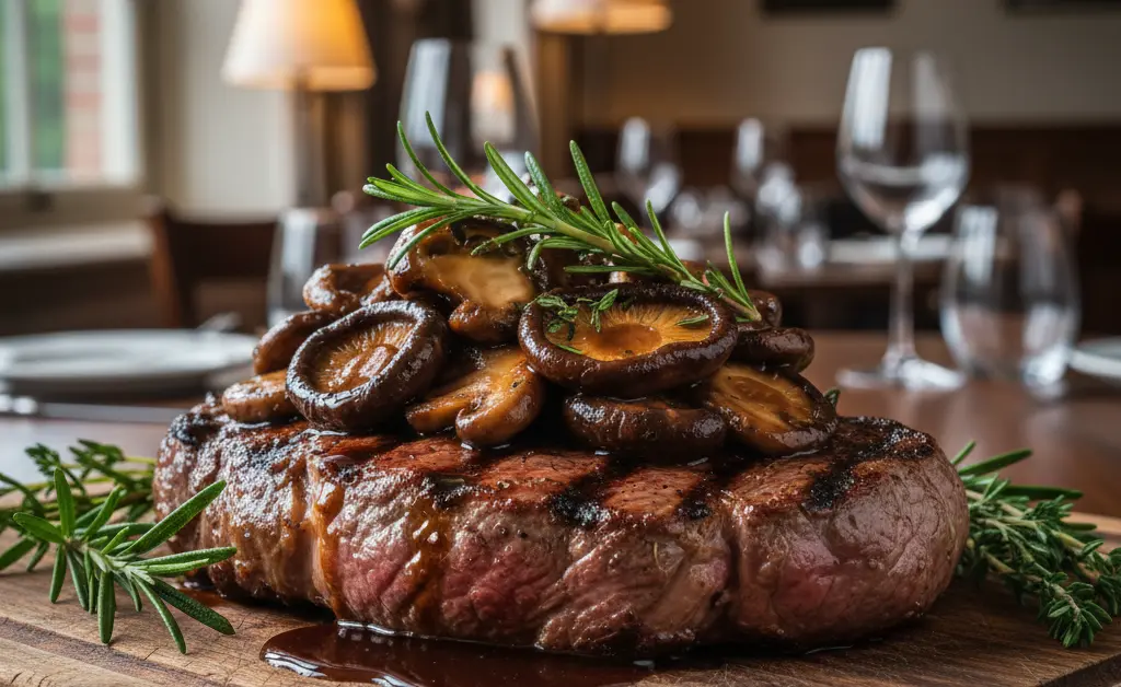 A beautifully plated grilled steak with a generous topping of sautéed shiitake mushrooms, showcasing perfect shiitake mushroom recipes for steak.