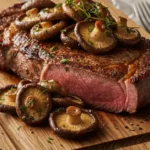 A beautifully plated, pan-seared steak garnished with sautéed shiitake mushrooms, showcasing the appeal of shiitake mushroom recipes for steak.
