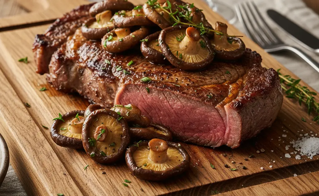 A beautifully plated, pan-seared steak garnished with sautéed shiitake mushrooms, showcasing the appeal of shiitake mushroom recipes for steak.