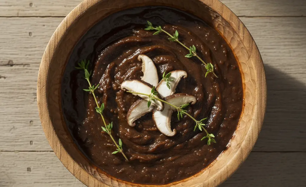 A beautifully prepared bowl of rich shiitake mushroom sauce, ready to be used.