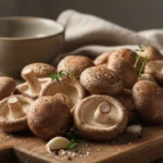 A visually appealing arrangement of fresh shiitake mushrooms on a wooden cutting board, hinting at the exploration of shiitake mushroom side effects.