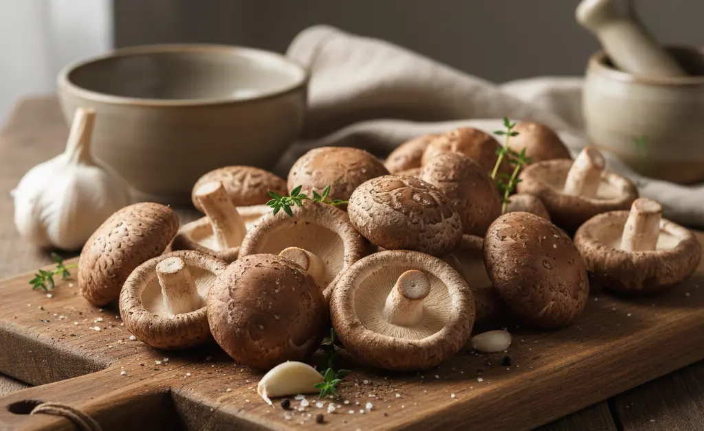 A visually appealing arrangement of fresh shiitake mushrooms on a wooden cutting board, hinting at the exploration of shiitake mushroom side effects.