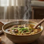 A steaming bowl of delicious shiitake mushroom soup, garnished with fresh herbs, represents the featured dish.