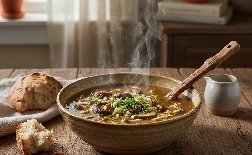 A steaming bowl of delicious shiitake mushroom soup, garnished with fresh herbs, represents the featured dish.