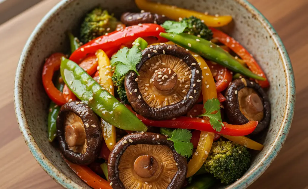 A beautifully plated shiitake mushroom stir fry showcases vibrant vegetables and perfectly cooked mushrooms.