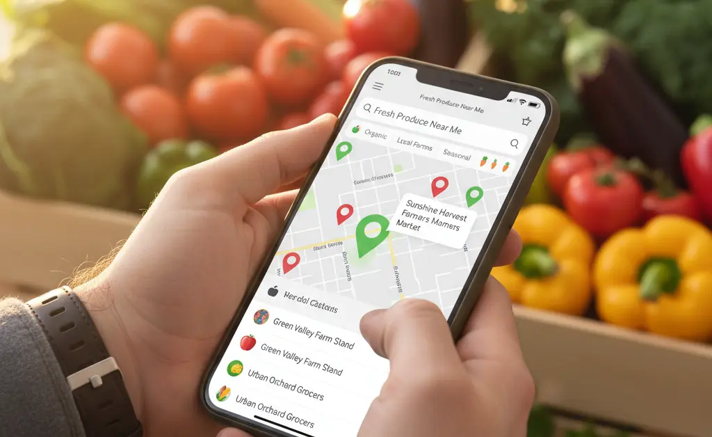 A customer using a smartphone to search for a shiitake mushroom store locator.