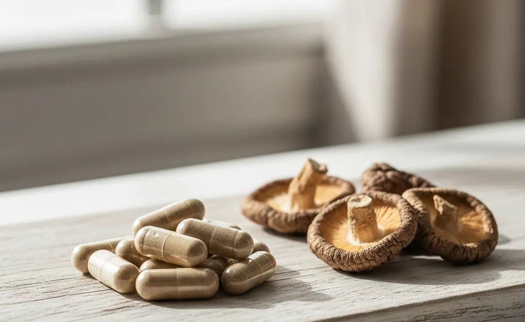 A close-up, softly lit photograph showcasing a few high-quality shiitake mushroom supplement capsules artfully arranged on a rustic wooden surface next to a few whole dried shiitake mushrooms.
