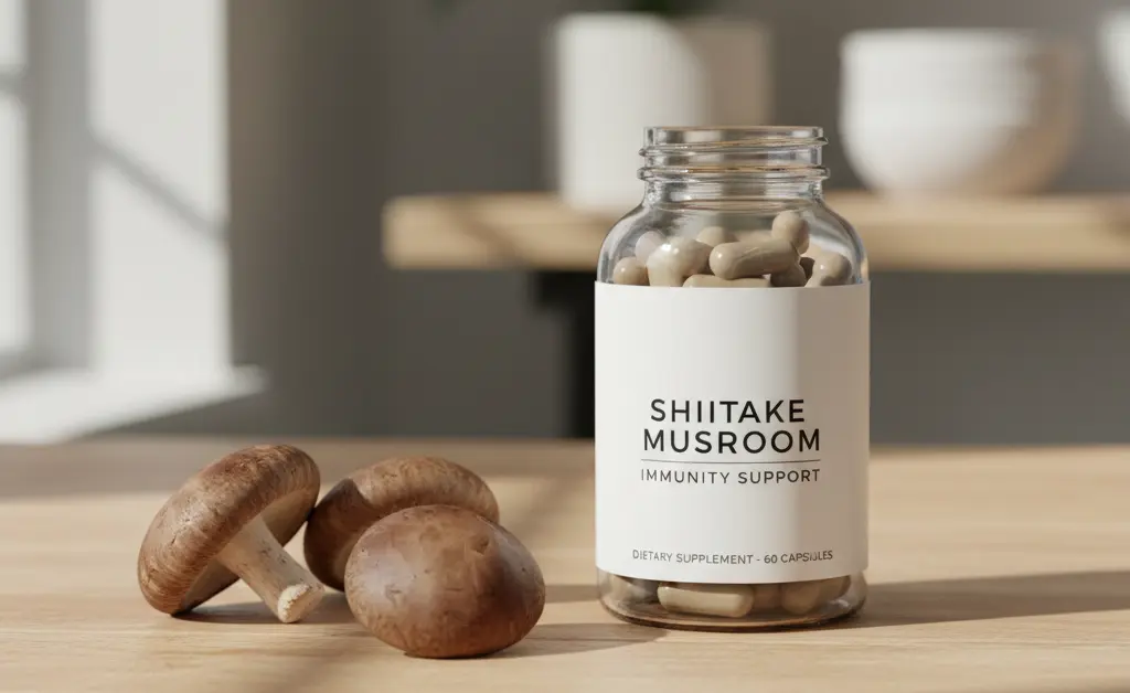A clean, modern shot showcasing a glass bottle of shiitake mushroom supplement capsules next to fresh, whole shiitake mushrooms on a natural wood surface.