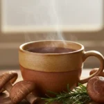 A warm, inviting mug of shiitake mushroom tea sits on a rustic wooden table, surrounded by fresh shiitake mushrooms and a sprig of herbs, showcasing the shiitake mushroom tea benefits.