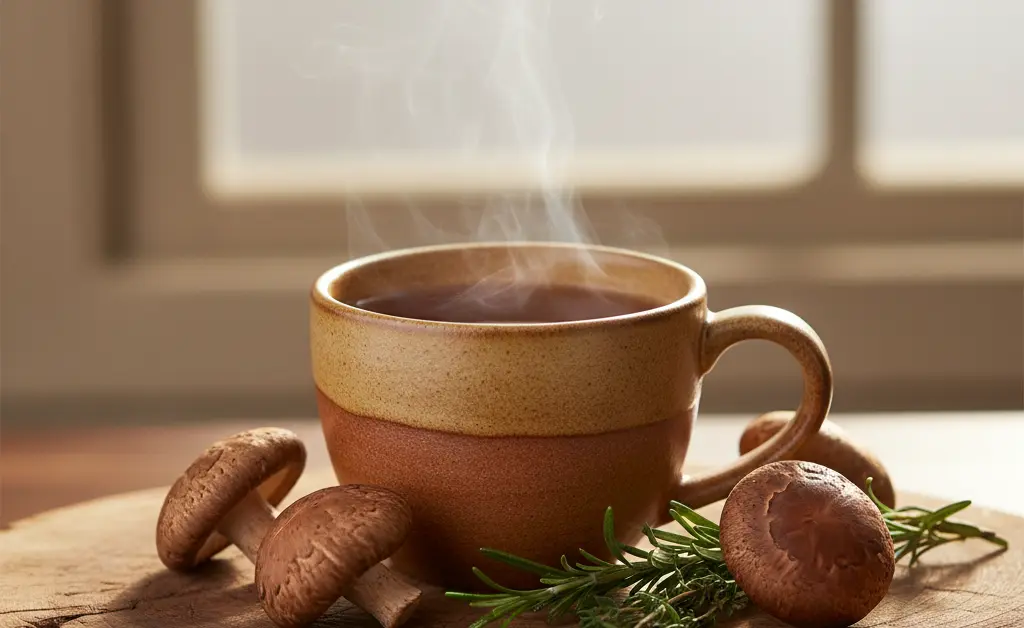 A warm, inviting mug of shiitake mushroom tea sits on a rustic wooden table, surrounded by fresh shiitake mushrooms and a sprig of herbs, showcasing the shiitake mushroom tea benefits.