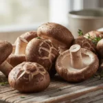 A beautiful overhead shot of fresh shiitake mushrooms showcasing the shiitake mushroom vitamin b12 content, arranged artfully on a rustic wooden surface with soft natural light.