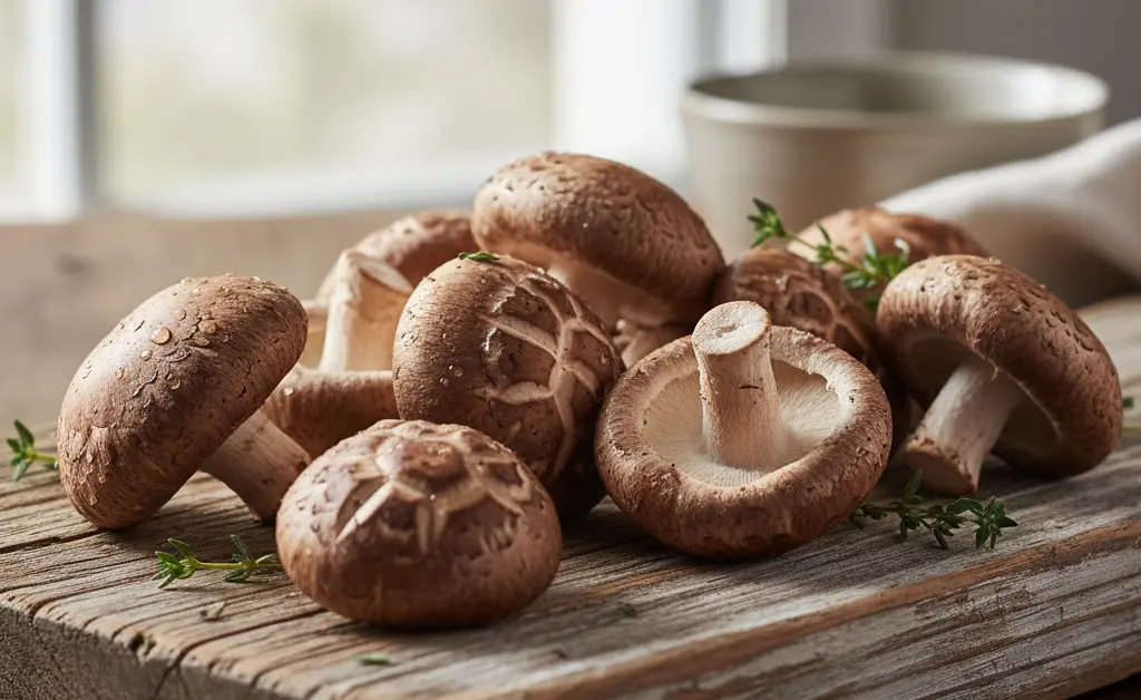 A beautiful overhead shot of fresh shiitake mushrooms showcasing the shiitake mushroom vitamin b12 content, arranged artfully on a rustic wooden surface with soft natural light.
