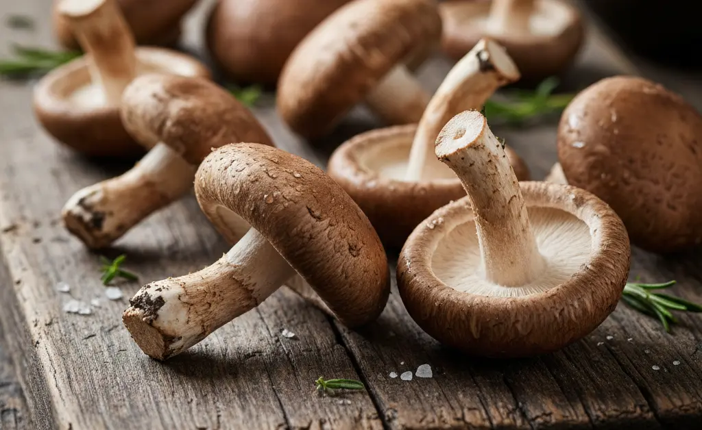 An overhead shot showcases a bounty of fresh shiitake mushroom vitamin d, artfully arranged on a rustic wooden surface, hinting at their natural health benefits.