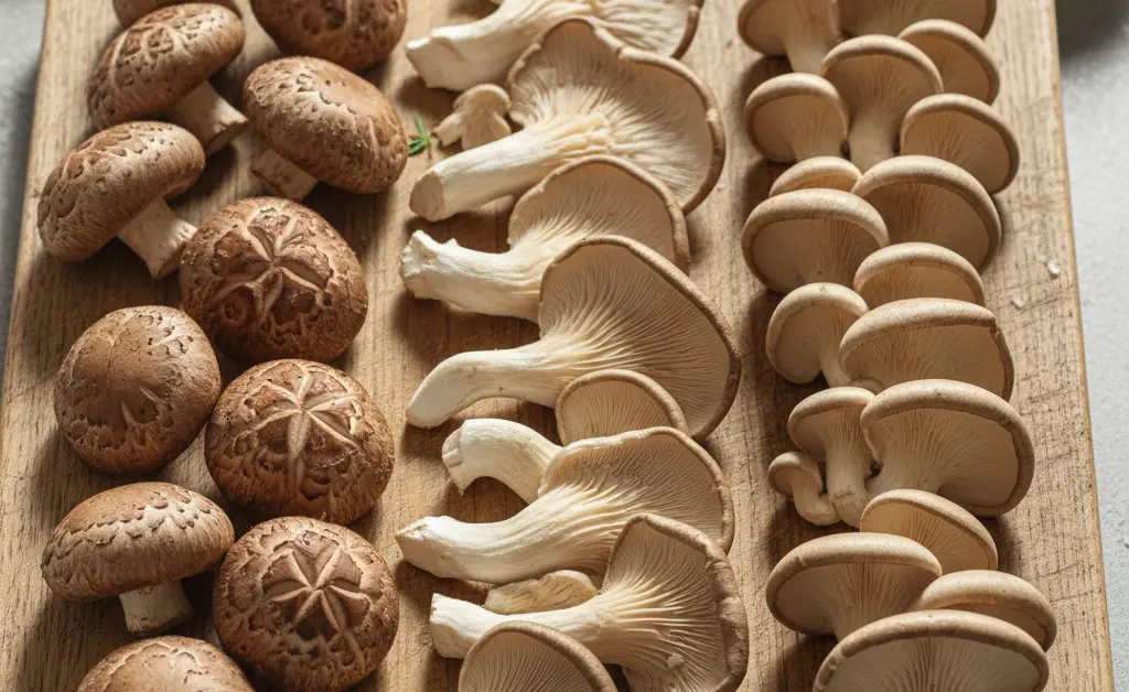 A visually balanced comparison of shiitake mushroom vs oyster mushroom arranged artfully on a rustic wooden surface.
