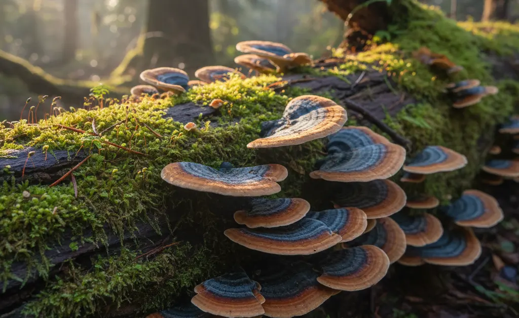 A close-up, photorealistic view of the striking, fan-shaped fungus trametes versicolor growing on a damp, decaying log in a sun-dappled forest.