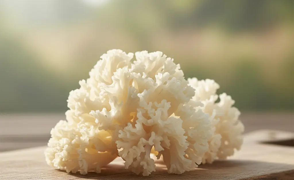 A close-up, photorealistic shot showcasing the delicate, ethereal beauty of the tremella mushroom.
