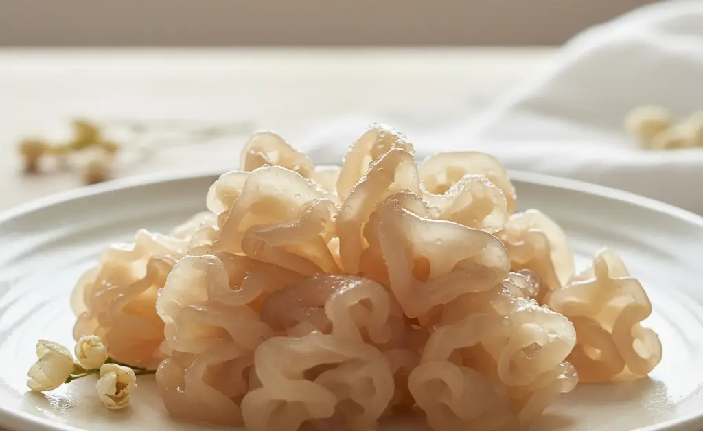 A close-up shot showcasing the delicate, gelatinous structure of tremella mushroom, symbolizing the natural benefits of tremella mushroom for hair health.