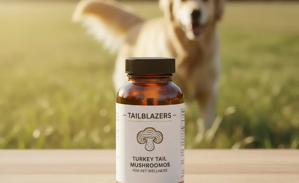 A pet owner gently holds a bottle of turkey tail mushroom adored beast supplement, with a healthy, happy dog in the background.
