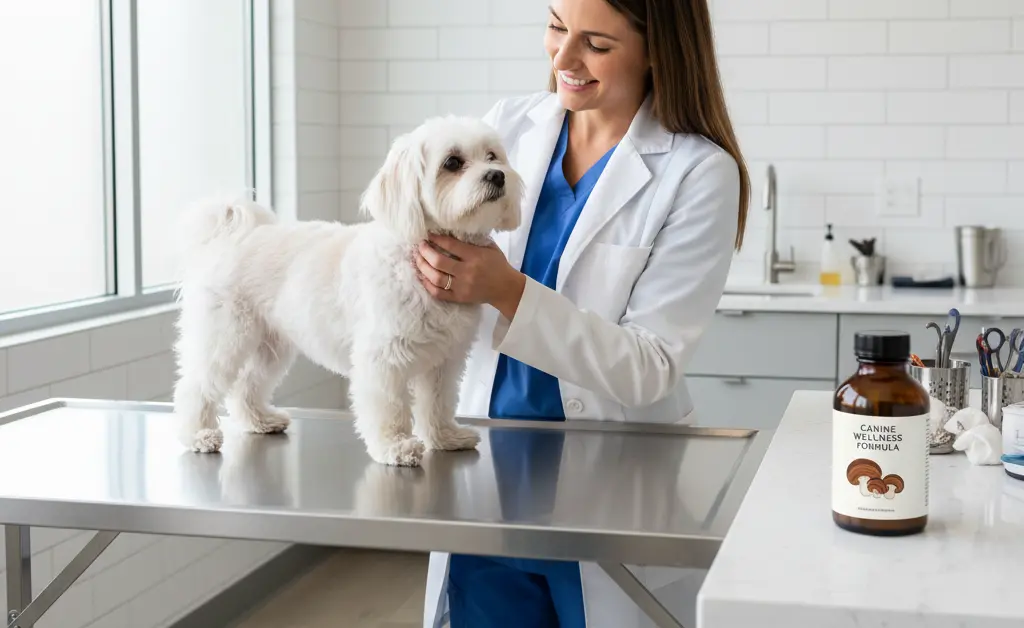 A veterinarian examining a small, healthy dog with a bottle of Turkey Tail Mushroom for Dogs nearby.