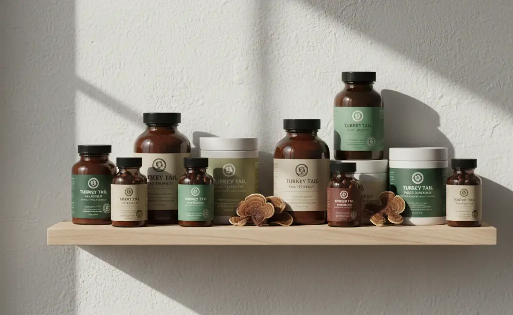 A curated selection of high-quality turkey tail mushroom host defense supplements arranged aesthetically on a clean, light-colored countertop.