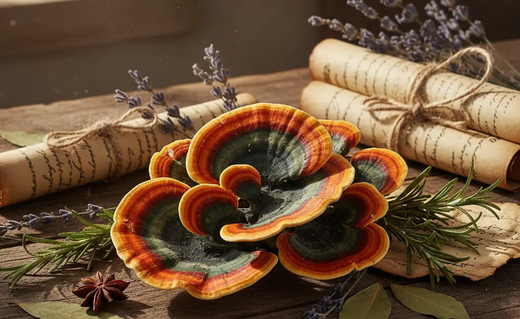 A close-up, visually appealing display of turkey tail mushroom in chinese alongside other ancient botanicals, evoking a sense of traditional wellness.