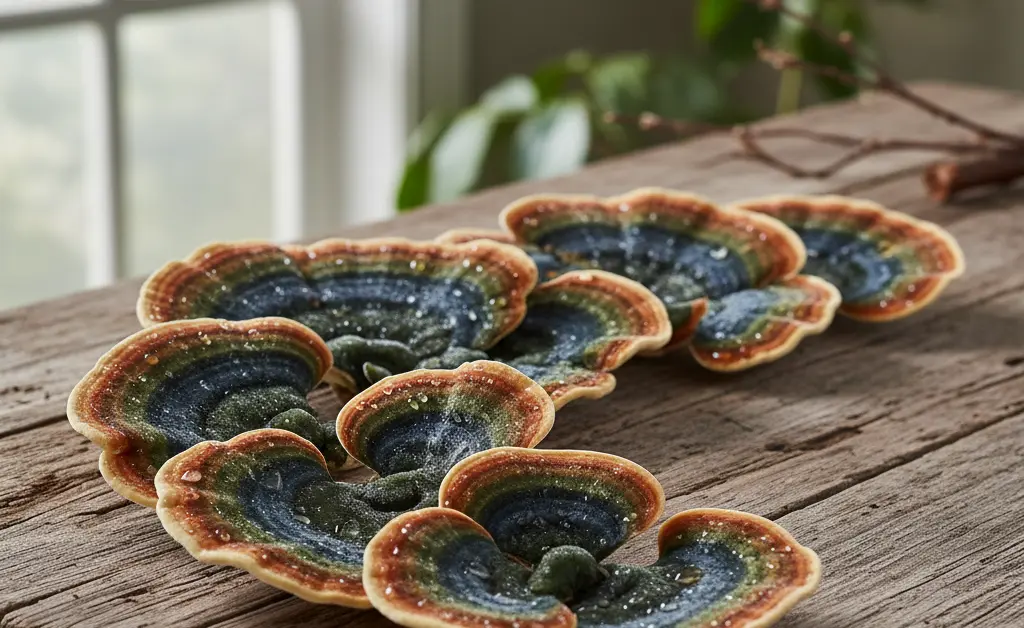 A visually stunning display of turkey tail mushroom in french, showcasing its vibrant colors against a rustic wooden surface.