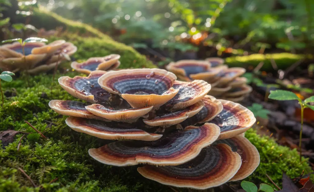 A vibrant display of turkey tail mushroom in german featuring intricate patterns and earthy tones.