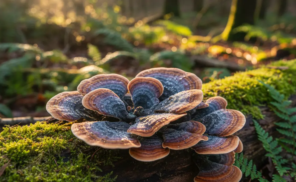 An editorial photograph showcases the intricate beauty of the turkey tail mushroom in russian, highlighting its distinct concentric rings and earthy tones in a natural forest setting.