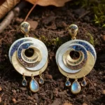 A close-up, editorial photograph showcases delicate turkey tail mushroom jewelry, highlighting its intricate natural patterns and earthy tones.