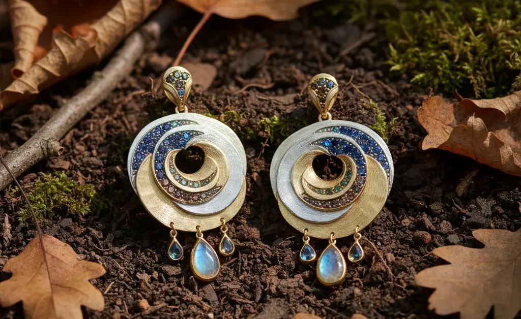 A close-up, editorial photograph showcases delicate turkey tail mushroom jewelry, highlighting its intricate natural patterns and earthy tones.