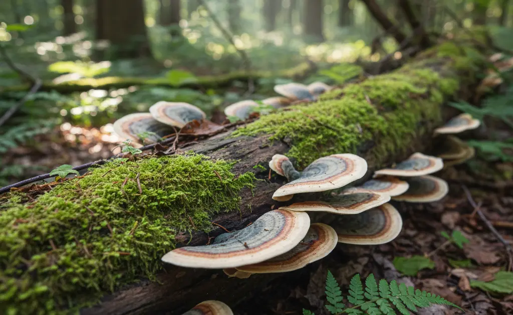 A close-up shot of vibrant Turkey tail mushroom Joe Rogan on a natural forest floor, highlighting its unique texture and color.