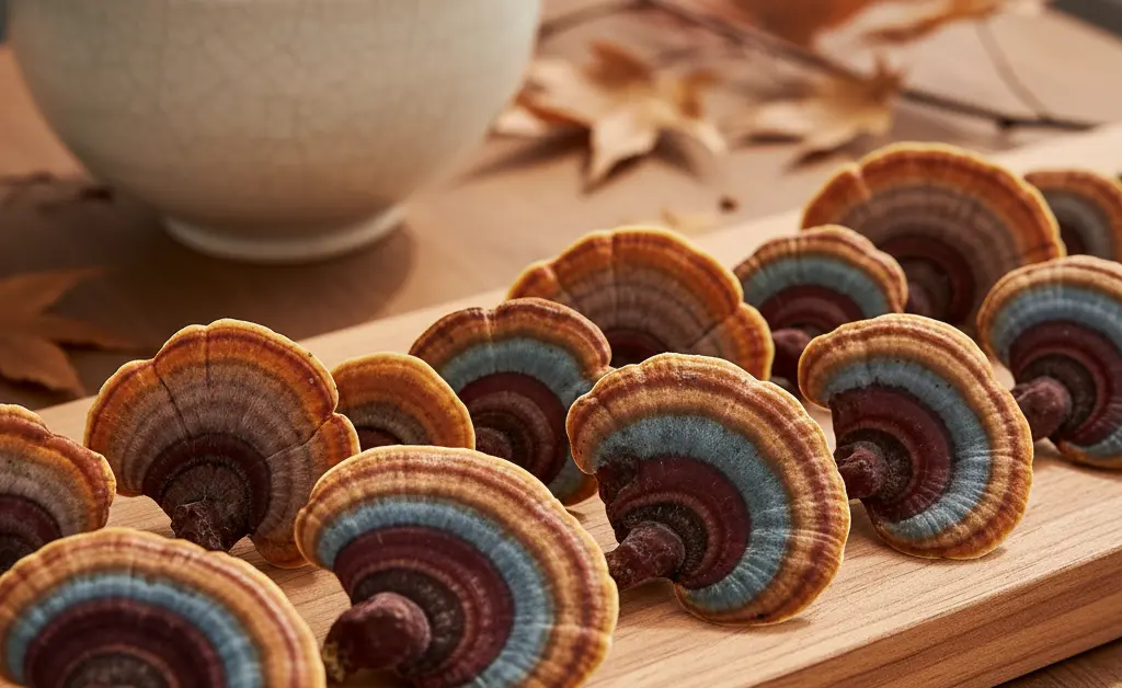 A visually appealing display showcasing the unique textures and colors of turkey tail mushroom korean, presented in a clean, modern setting.