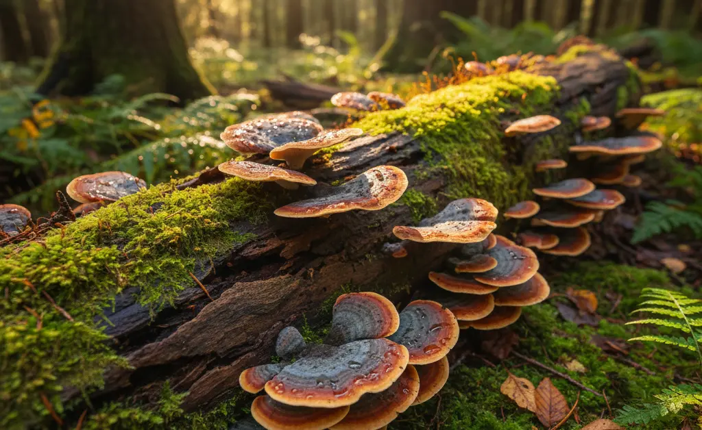 A vibrant turkey tail mushroom magyarul growing on a decaying log in a forest setting.